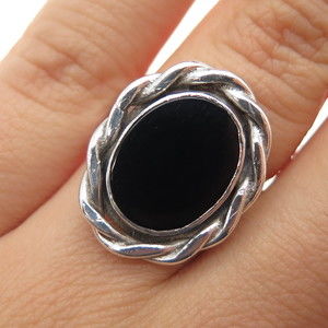 925 Sterling Silver Vintage Real Black Onyx Modernist Ring Size 6.75